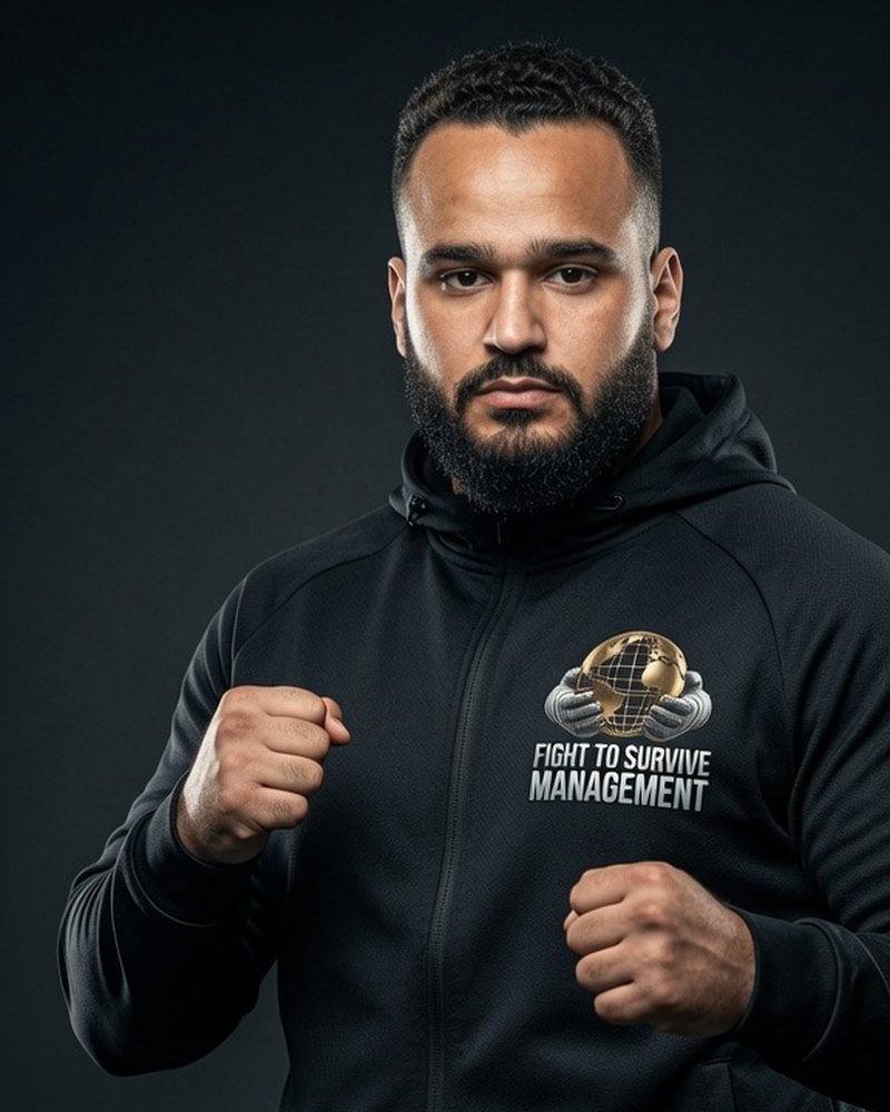 Ismail Salaheddine in a Fight To Survive Management hoodie and Moroccan flag shorts, fists raised
